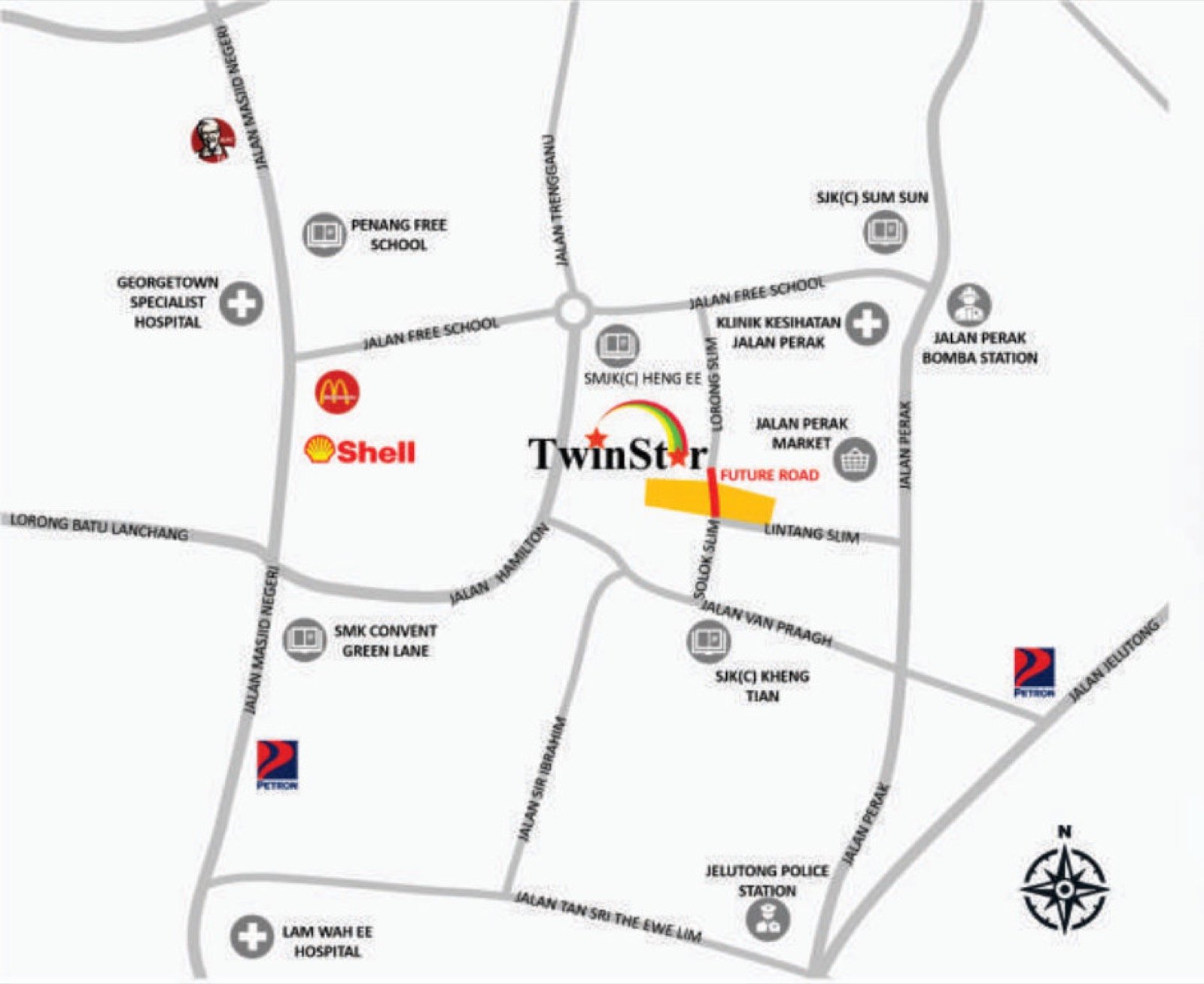 Location map of Twin Star in Jelutong and nearby schools and hospitals
